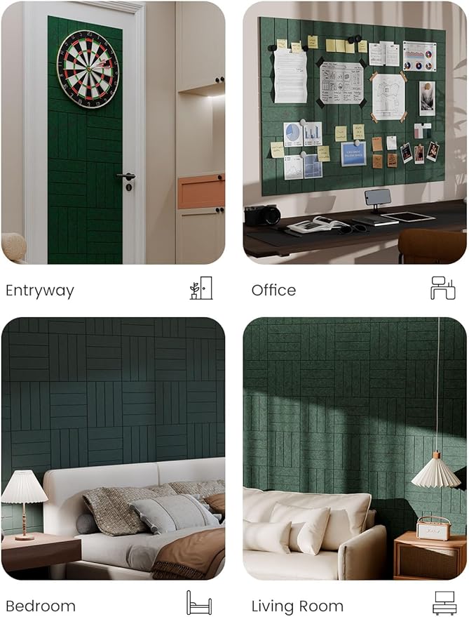 Bumusty Large Cork Board Alternative-48 x 36" Felt Bulletin Board Tiles, with 30 Pushpins, 70 Adhesive Tabs, Bold-Stripe 12-Pack, Cork Boards for Office Push Pin Board Felt Board-Pine Green