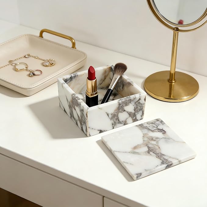Luxury Marble Storage Box with Lid, White and Purple Veined Pattern, Decorative Organizer for Makeup Brushes, Jewelry, Bathroom Accessories (Square)