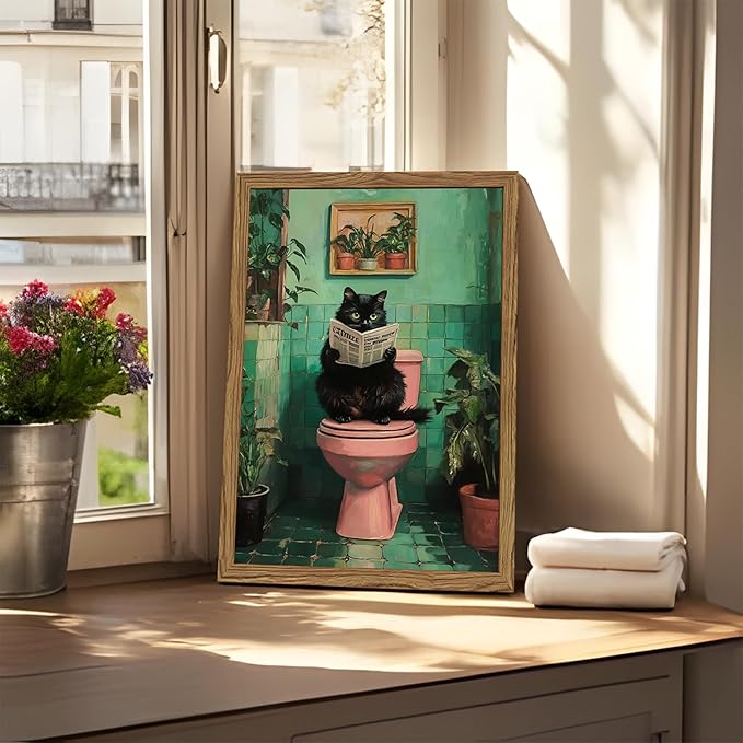 Funny Bathroom Cat Wall Art, Humorous Black Cat Restroom Wall Decor Paintings, Funky Animal on Toilet Reading Newspaper Canvas Prints Artwork 16x24 inch Wood Framed