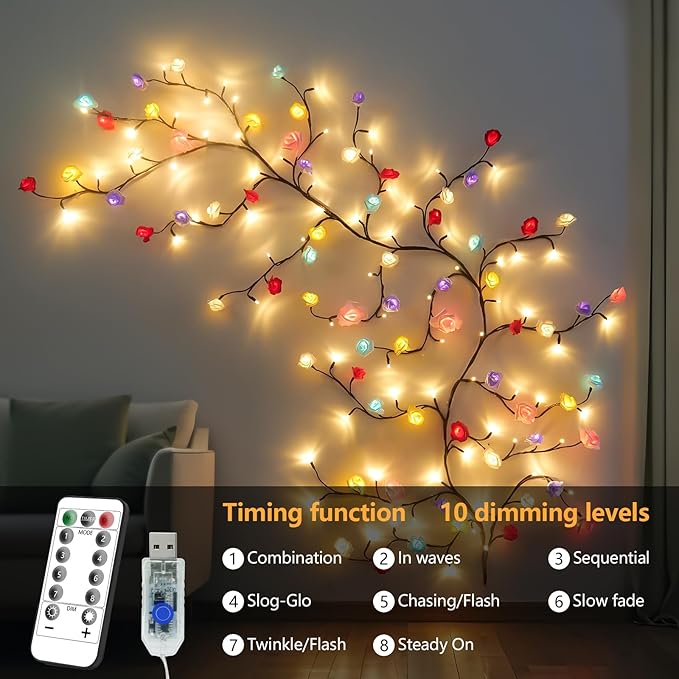 FNHMSL Macaroon Rose Blossom Enchanted Willow Vine Lights, 7.55FT 144LED 6 Color Blossom Tree Branch Lights for Wall, Remote Timer,8 Light Model,Bedroom Wall Doors Wedding, Christmas, USB Battery Box