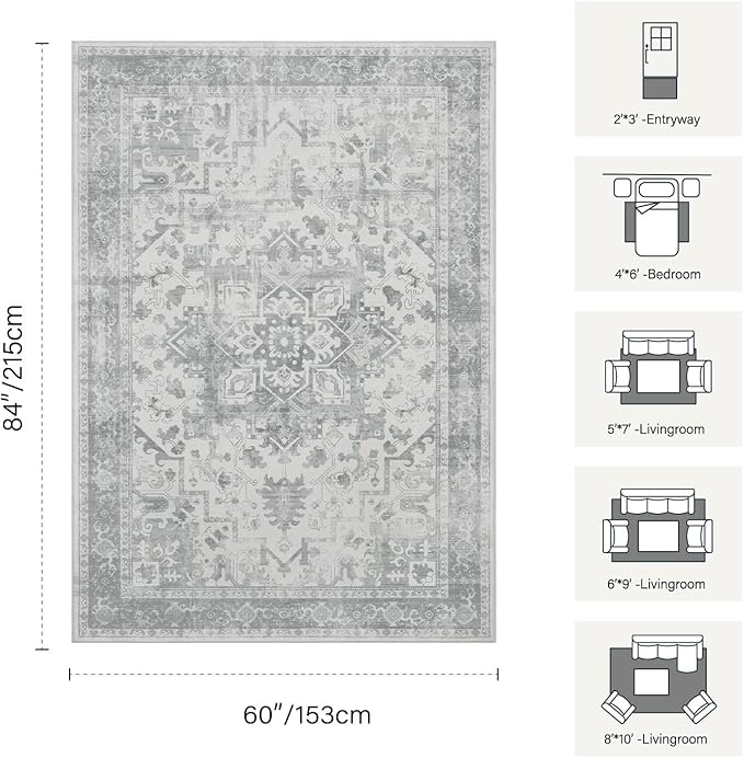 Rugxara 5X7 Washable Area Rug for Living Room, Neutral Vintage Large Boho Rugs for Office, Dining Room, Kids Room, Farmhouse, Durable Low Pile Non Slip Carpet for High Traffic Areas, Light Grey