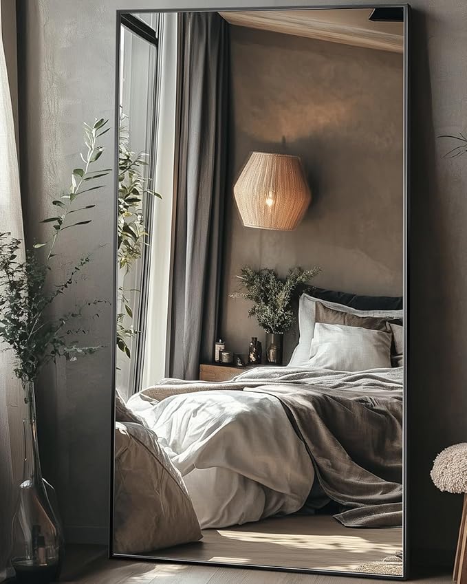 Antok Full Length Mirror, 44"x88" Floor Mirror with Stand, Hanging Mounted Mirrors for Bedroom, Living Room, Cloakroom, Dining Room, Black, Rect