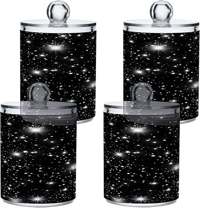 Nander 4Pack Spark Star Background Qtip Holder Dispenser -Clear Plastic Apothecary Jars Set - Restroom Bathroom Makeup Organizers Containers for Cotton Swab, Ball, Pads, Floss