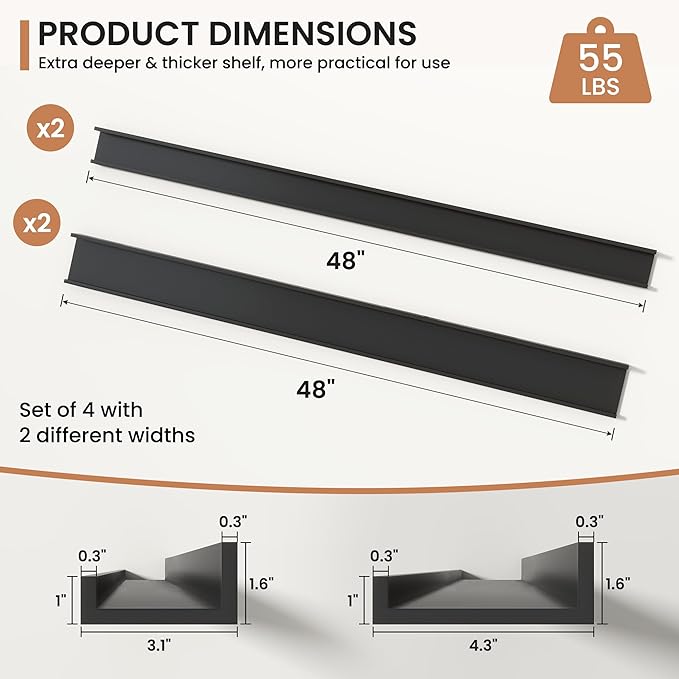 Fun Memories Picture Ledge Shelves Set of 4, 48 Inch Rustic Wall Mounted Floating Shelves with Lip for Home Storage and Décor in Bathroom, Kitchen, Nursery, Bedroom, Living Room, Black