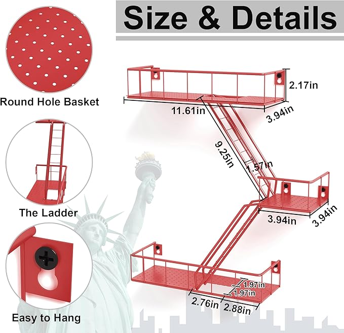 Fire Escape Shelf - 3 Tier Metal Red Fire Escape Wall Shelves with Baskets, New York Action Figurine Display Shelf, Unique Rustic Floating Decorative Wall Shelves for Any Room
