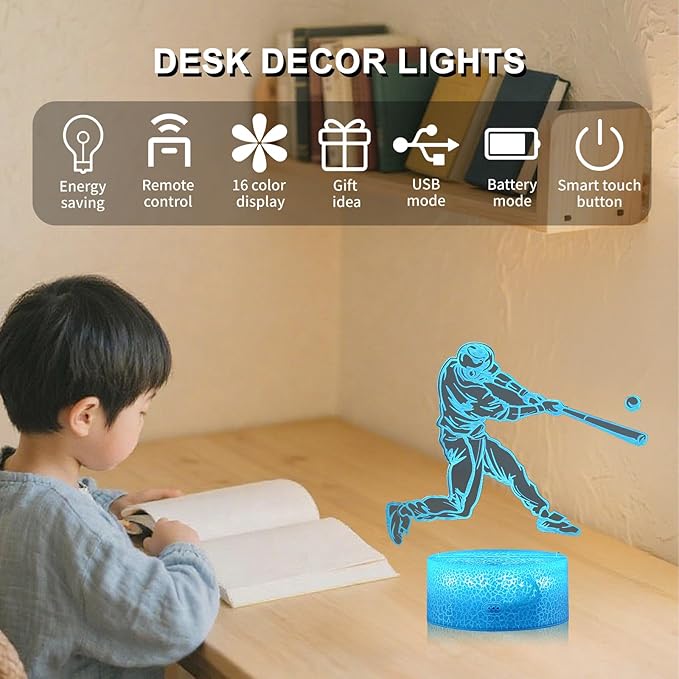 Baseball Gifts for Boys 8-12 3D Lamp Night Light with Remote & Touch Control, 16 Colors Changing + 4 Changing Mode Brightness Room Decor Christmas Birthday Gifts for Kids Boys Girls Sport Fans