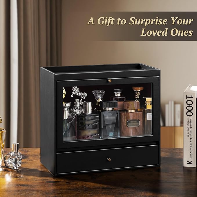 Emfogo Cologne Organizer, Leather Perfumes Organizer for Dresser, Large Capacity Dustproof Cologne Holder with Drawer Storage Perfume Stand Organizer, Ideal Gift for Loved ones