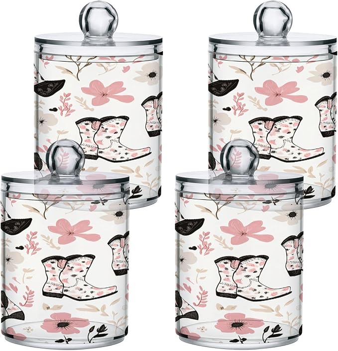 Nander 2Pack Beautiful Cow Style Cowboy Boots Qtip Holder Dispenser -Clear Plastic Apothecary Jars Set - Restroom Bathroom Makeup Organizers Containers for Cotton Swab, Ball, Pads, Floss