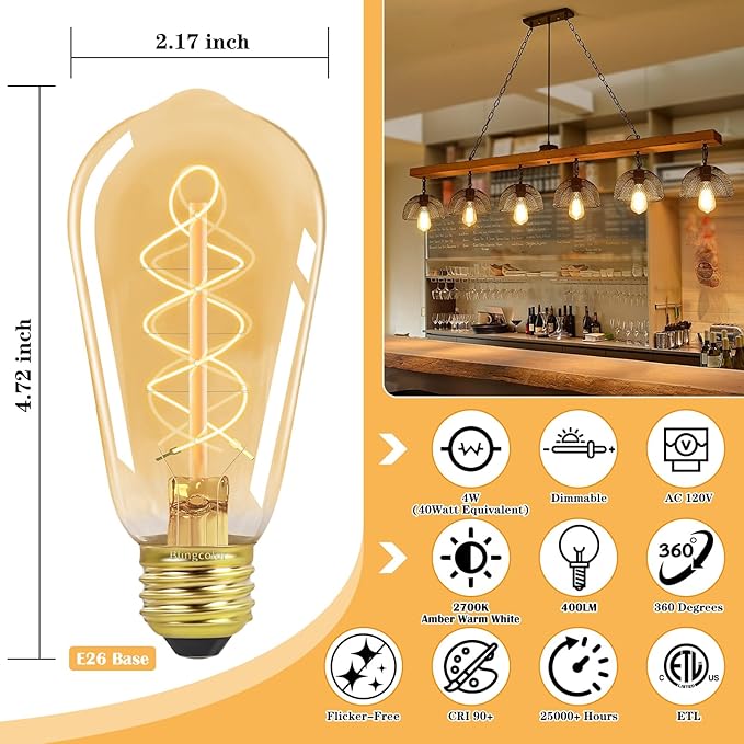 E26 LED Vintage Edison Light Bulbs 40W Equivalent, Dimmable E26 Edison Bulbs 4W LED 2700K Amber Warm White Light Bulb, ST58 Antique Decorative Bulb for Pendant Lights Fixtures, 400LM, 4 PACK