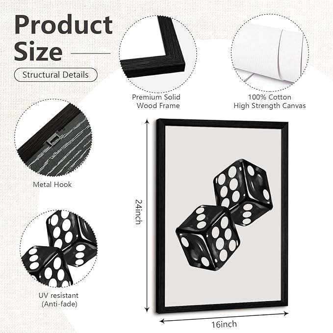 Black White Aesthetic Wall Art Decor 8 Ball Canvas Poster Y2k Cool Dice Pictures Black White Room Decor Trendy Poker Poster Prints Retro Painting Artwork for Apartment Dorm 16x24 Inch Wood Framed 3Pcs