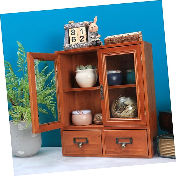 Ipetboom Storage Cabinet for Makeup and Sundries Wooden Dressing Table Organizer with Drawer Design Capacity Sundries Holder for Bedroom and Bathroom Use Retro Style