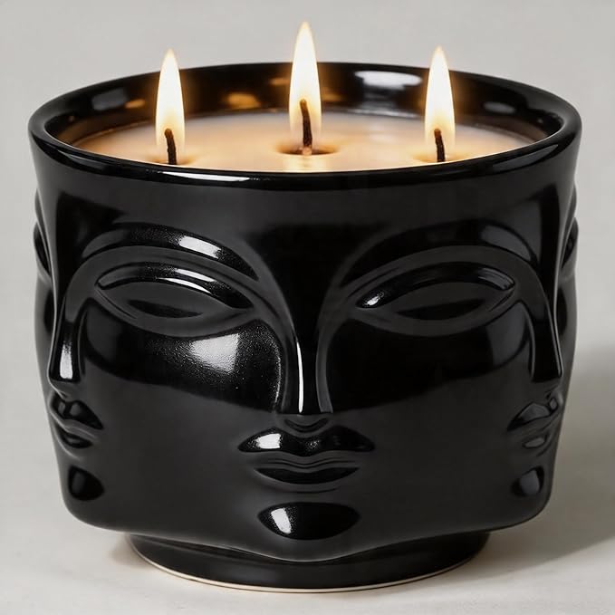 Viyffo 20oz Large Black Scented Candle - Spring Forest & Green Tea, 3 Wick Non Toxic Soy Candle for Women & Men, Unique Funny Matte Ceramic Jar, Luxury Home Fragrance, Décor & Premium Birthday Gift