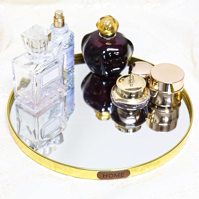 Luxury Mirrored Decorative Tray, Round Glass Mirror Vanity Tray for Perfume and Jewelry Display, Modern Makeup Storage Organizer for Dresser, Bathroom, Coffee Table, Kitchen Counter