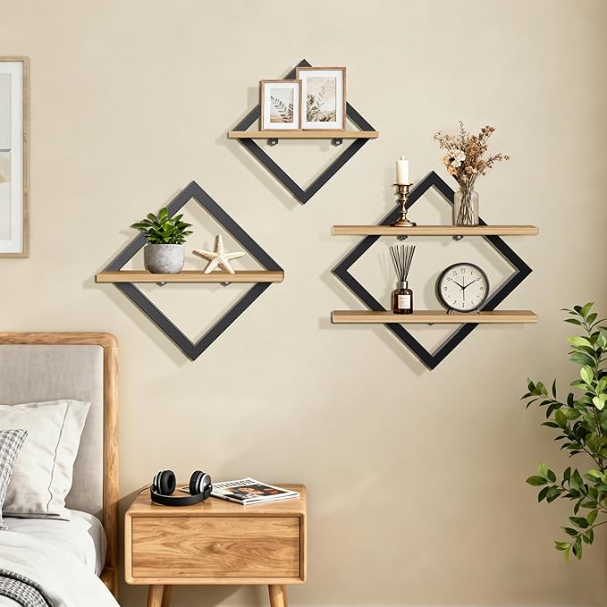 Floating Shelves Set of 3-2-Tier Hanging Wall Mounted Shelves, Decorative Storage Shelf for Living Room, Bedroom, Bathroom & Kitchen, Rustic Brown (3)
