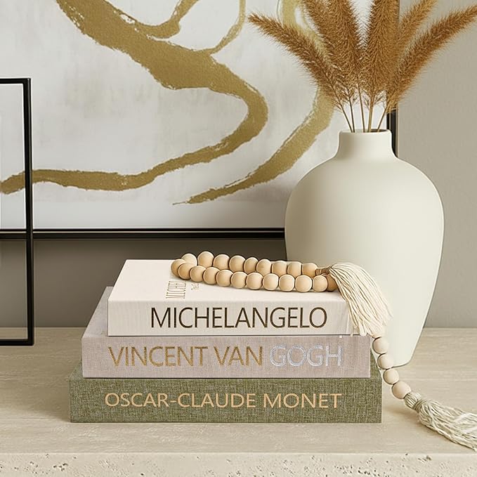 Aesthetic Decorative Books for Home Decor w. Wood Bead - Set of 3 Linen Fake Books for Decoration, Coffee Table Book Box Decor for Mantle/Bookshelf/Farmhouse/Entryway/Nightstand