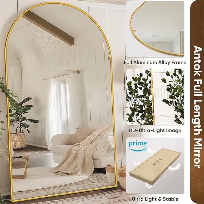 Antok 76" x44” Arched Full Length Floor Mirror, Gold Aluminum Frame, Free Standing/Wall Mount/Leaning for Bedroom, Living Room, Dressing Room