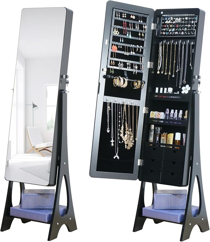Standing Mirror Jewelry Cabinet,Full Length Mirror Jewelry Armoire Jewelry Organizer Lockable Jewelry Storage for Women Girl Frameless LED Lights 6 Drawers Black