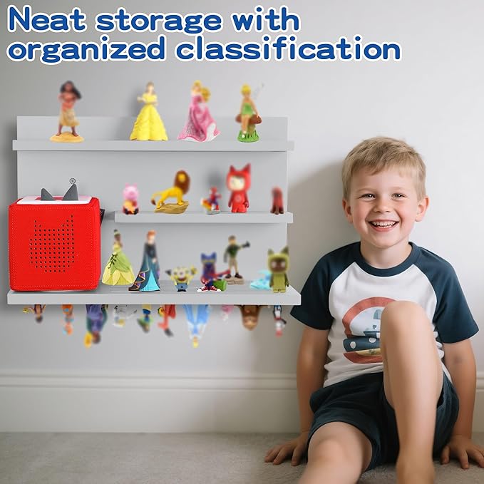 PHOENANCEE for Tonies Shelf Magnetic,for Toniebox Figures Storage Display Shelf (40-48 Character),Wall Floating Shelves,Compatible Charging Station for Children Kid's Room,Pine,3 Tier(Gray White)