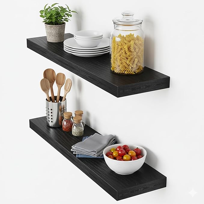 Lufia Floating Wall Shelves, Set of 2, MDF with Invisible Brackets, Modern Storage for Bedroom, Bathroom, Living Room, Kitchen (Black, 28" W x 7" D x 1.5" H)