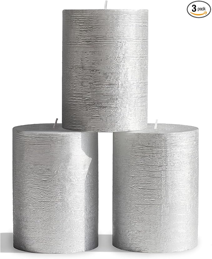 CANDWAX 3x4 inch Pillar Candles Set of 3 – Unscented Dripless Silver Candles for Event Decor, Weddings, Home Use