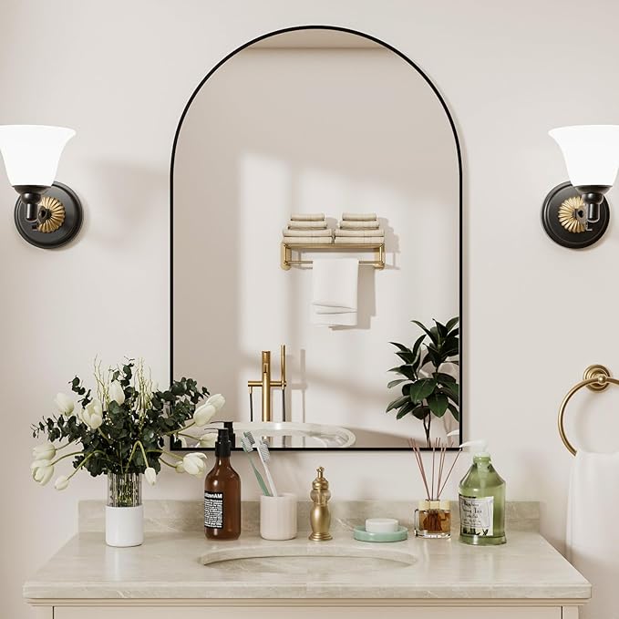 Rowjut Arched Wall Mirror 38"x24"Window Mirrors Decorative Wall & Iron Framed Bathroom Mirror, Arched Top Wall Mirror for Entryway. Living Room, Bedroom, Fireplace .（Black