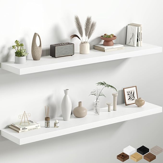 12 Inch Deep Floating Shelves, 60W x 12D Floating Shelf for Books, Rustic Wood Deep Wall Shelves for Home Storage & Display, 1.5" Thicked Shelves for Kitchen, Living Room, Bedroom, White, 2 Pack