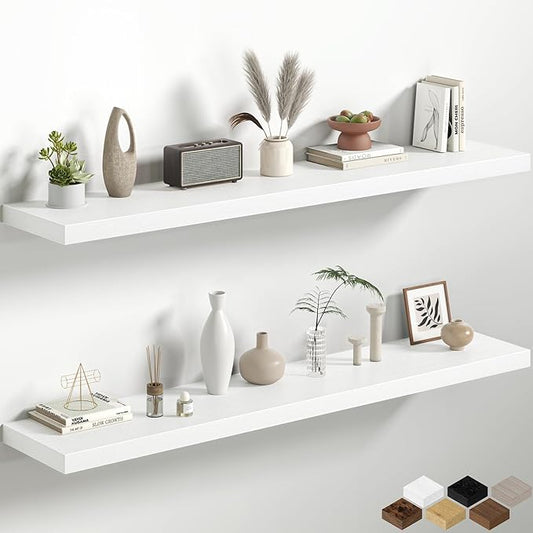 12 Inch Deep Floating Shelves, 60W x 12D Floating Shelf for Books, Rustic Wood Deep Wall Shelves for Home Storage & Display, 1.5" Thicked Shelves for Kitchen, Living Room, Bedroom, White, 2 Pack