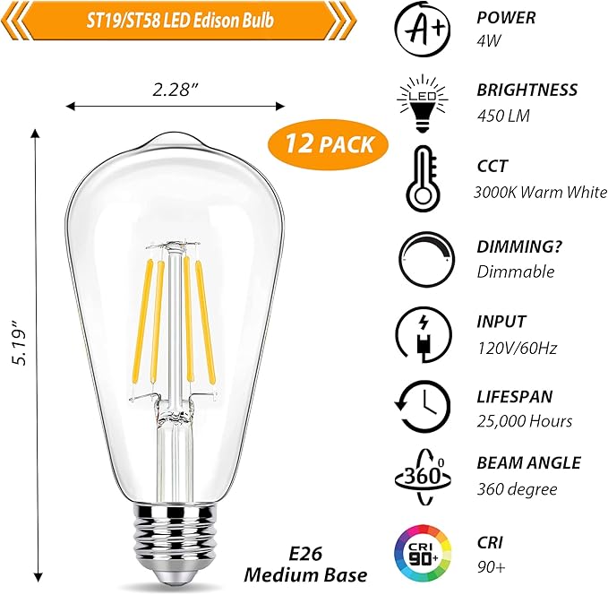 12 Pack Dimmable LED Edison Bulbs 40W Equivalent,4 Watt Filament Bulb,3000K Warm White ST19 Light Bulb,450LM E26 Vintage for Ceiling Fixtures
