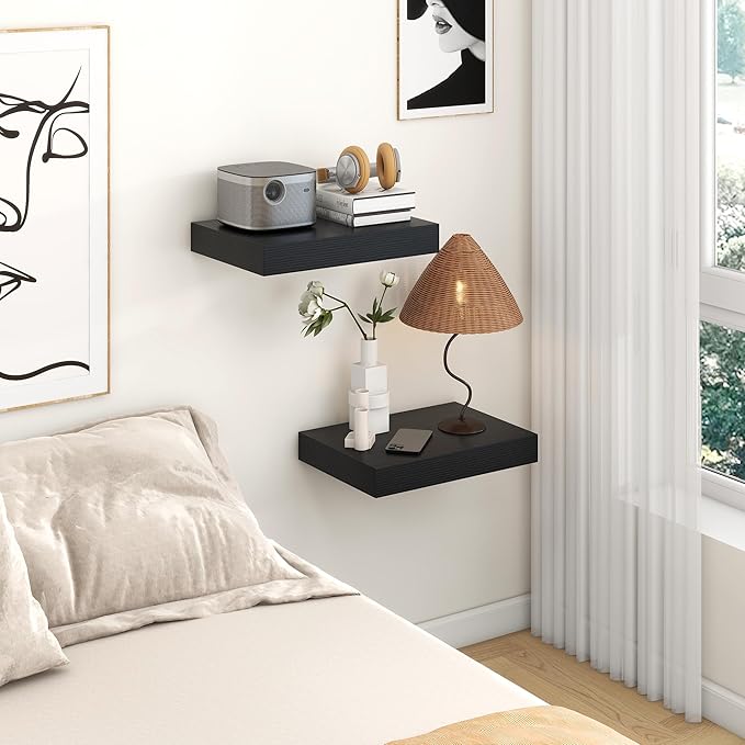 FLYJOE Deep Floating Shelves | 16 Inch Black Floating Shelves Set of 2 | 12 Inch Deep Black Wall Shelves | Deep Shelves for Living Room Bathroom Kitchen Bedroom