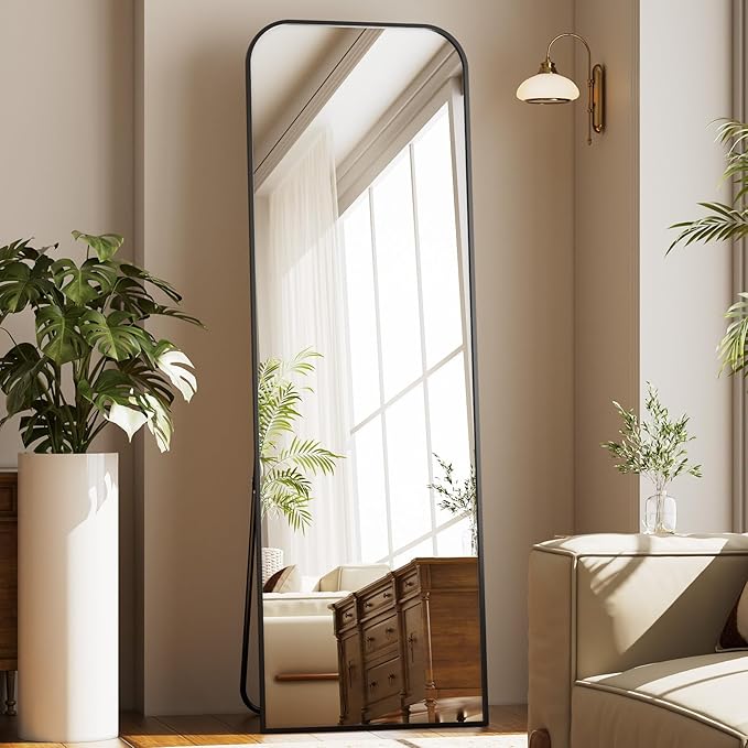 Full Length Mirror 56"x21" Arched Floor Standing Large Mirrors Full Body Mirror with Stand - with Aluminum Frame for Bedroom Living Room, Black