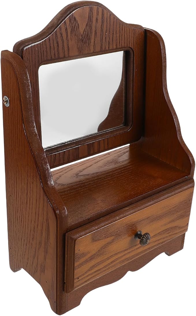 DECHOUS Wood Frame Makeup Vanity Mirror with 360° Rotation and Storage Drawer, Vintage Style Desktop Makeup Organizer for ’ Bedroom and Dressing Table
