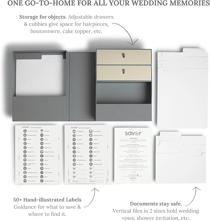 Savor Wedding Gifts Keepsake Box - Ideal Wedding Gifts for Newlyweds - Memory Storage with 52 Hand-Illustrated Labels & 10 File Folders - Elegant & Durable Design, Slate, Laura