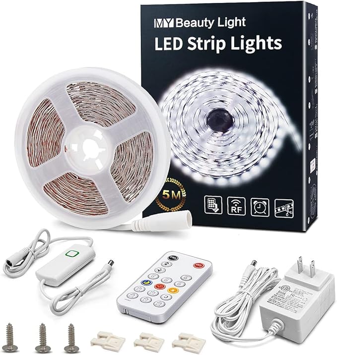 MY BEAUTY LIGHT White LED Strip Lights, 16.4ft Dimmable LED Light Strip with RF Remote, 300 Bright 6500K 2835 LEDs, Strong Adhesive LED Tape Light with Timing Mode for Mirror Bedroom Kitchen Cabinet