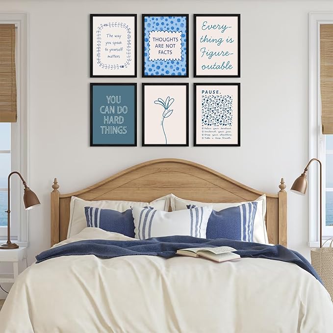 Mental Health Wall Decor Therapy Office Canvas Wall Art Posters Blue Boho Motivational Picture Psychology Artwork Inspirational Positive Quotes Prints for Counseling Office 12x16 Inch Wood Framed 6Pcs