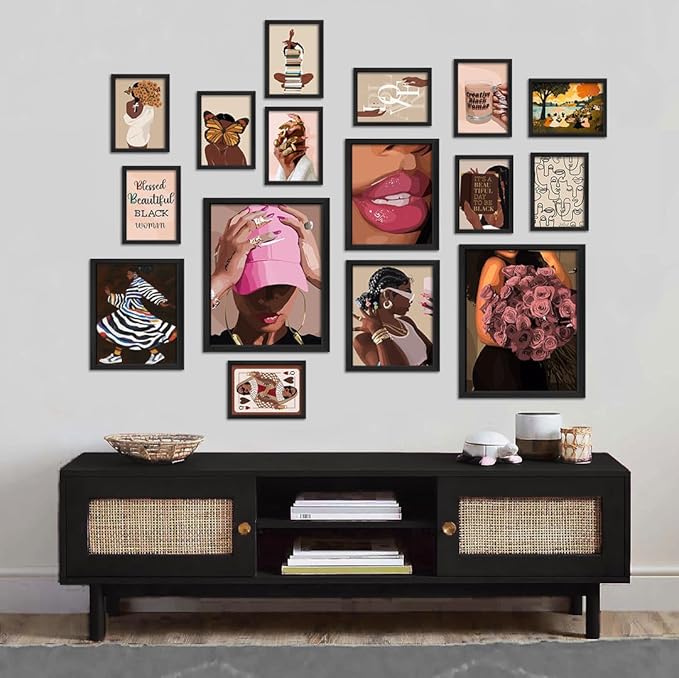 ANERZA 16 PCS Framed Black Girl Wall Art Decor, African American Wall Prints for Bedroom, Black Woman Gallery Wall Frame Set, Black People Posters for Living Room Aesthetic, Collage Kit, Dorm Artwork