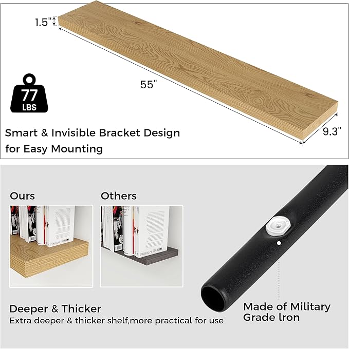 Venusmiles Floating Shelves for Wall, Engineered Wood Wall Shelves with Invisible Brackets for Living Room Bedroom Bathroom Office Kitchen Decor and Storage (Oak, 55" W x 9" D x 1.5" H) Set of 1