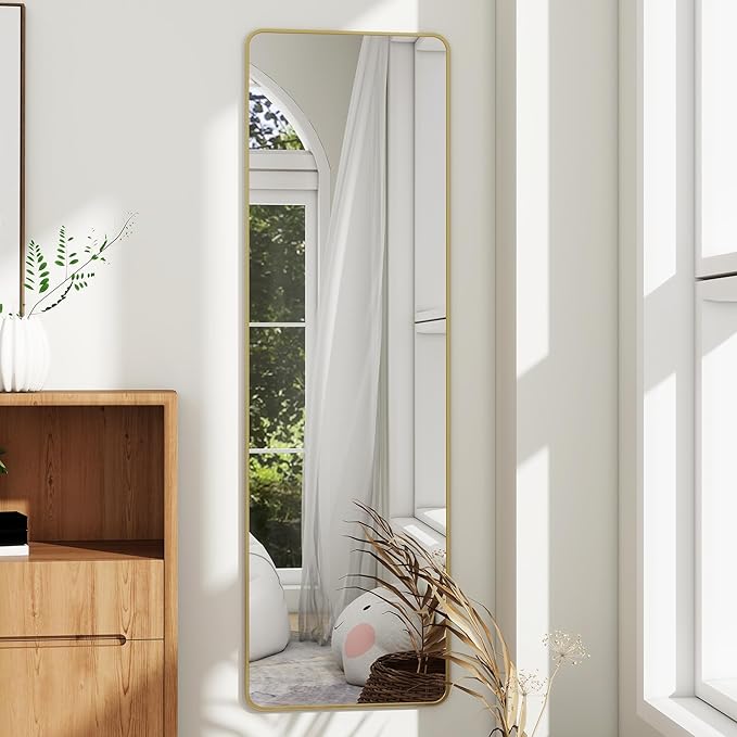 Full Length Door Mirror 14x48, Metal Frame with Protective Film, No-Drilling Hanging or Wall Mount (Horizontal/Vertical), Hooks & Hardware Included, Full Body Mirror for Bedroom, Dorm, Gold