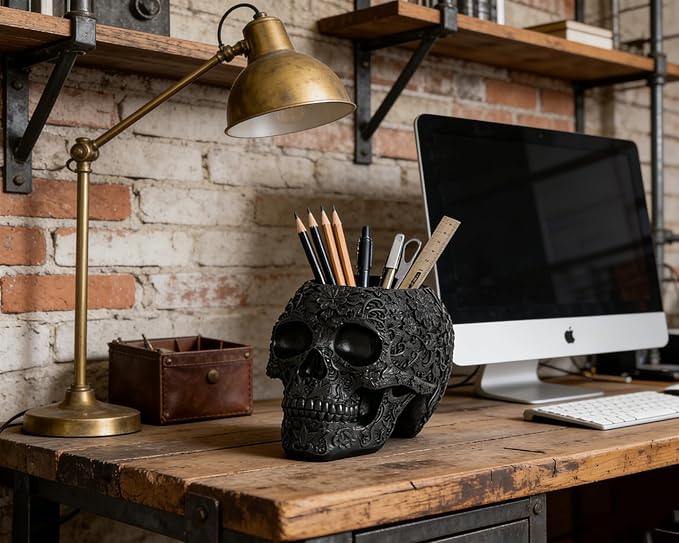 Skull Bowl Decorative Skull Vase Makeup Brush Pen Holder Organizer Dresser Gothic Table Organizer Decoration, Black Skull Pot Enthusiasts Gifts
