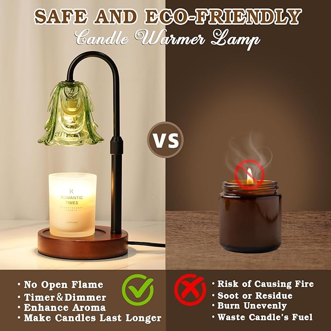 Small Candle Warmer Lamp with Timer, Adjustable Green Lamp Warmer for Jar Candles, Unique Women Gifts for Birthday, Dimmable Candle Heater, Cute Wax Warming Light with Wood Base