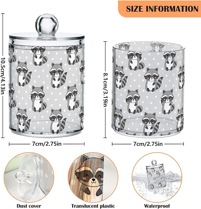 Raccoon Polka Dots Gray Print Bathroom Containers Holder with Lids Set Clear Jars 2 Pack Plastic Makeup Storage Organizer 4.13 x 2.75In for Balls Floss Picks Vanity