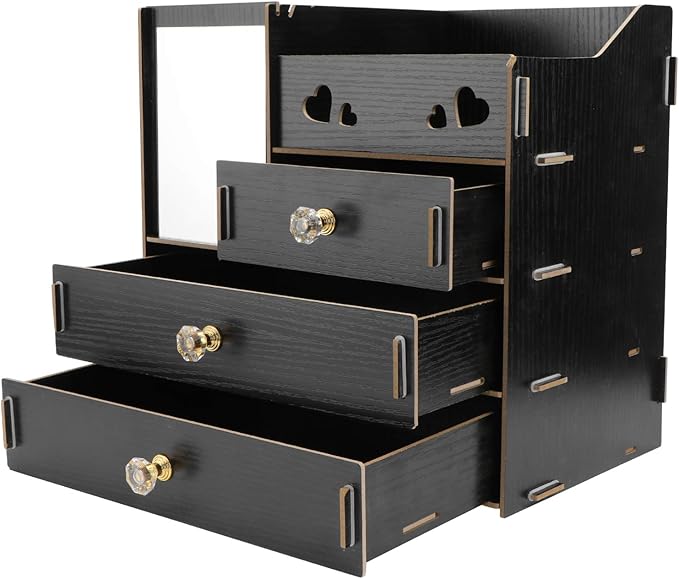 Cabilock Wooden Desk Cosmetic Organizer Rustic Makeup Storage Box with Drawer Mirror Countertop Makeup Case for Stationery Office Bathroom Dressing Table Black