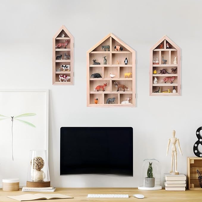 DoubleFill Set of 3 Wooden Trinket Display Shelf Shadow Box with Shelves 10 x 15 Inch Large Wall Mounted Display Storage Mini Figures Curio Trinket Medals Crafts Collections(Wood Color,House Shape)