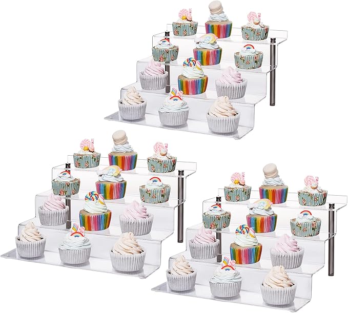 CECOLIC Acrylic Riser Shelf 4 Tier Clear Display Stand for Collectibles Pop Figures, Cupcakes, Perfumes, Display Risers for Decorating & Organizing - 11.8 x 10.8 x 6.5 in (Large, 3 Pack)