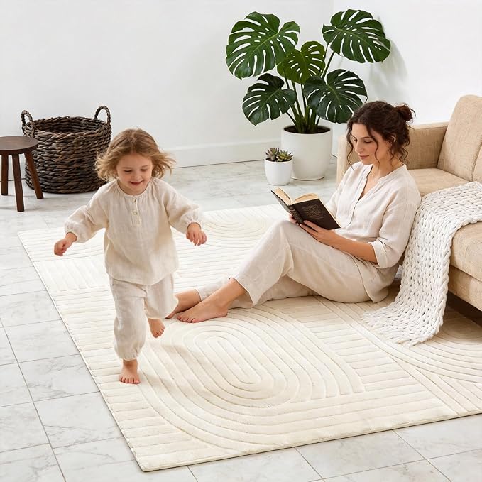 5x7 Solid Color Area Rugs – Washable Living Room Rug, Durable Non-Slip Indoor Carpet with Soft High-Low Pile, Fluffy Floor Rugs for Bedroom, Bedside, Kids Room, Dorm, Nursery, Home Décor, Beige