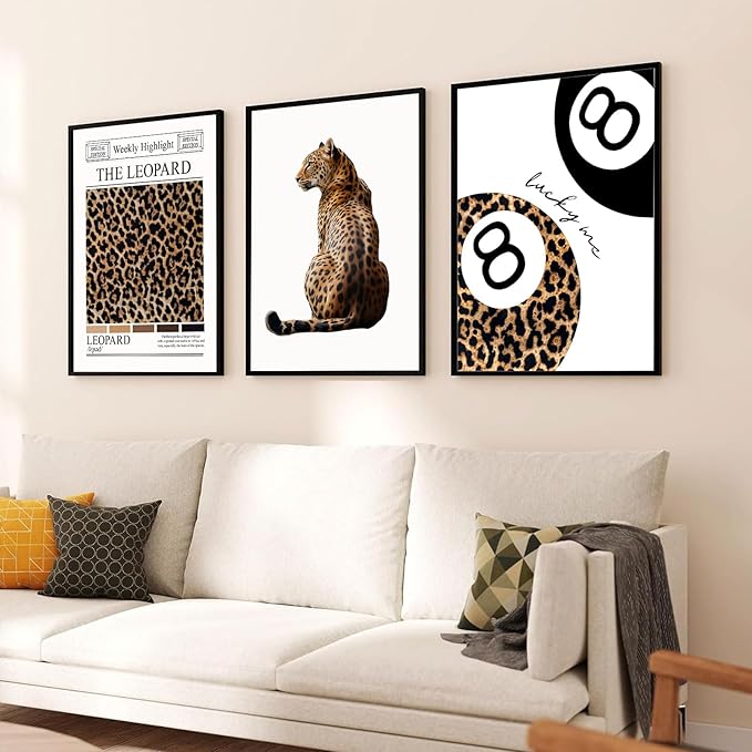 Trendy Leopard Wall Art Set of 3 Funky Lucky 8 Ball Posters Prints Preppy Room Aesthetic Cheetah Wall Decor Pictures for Girls Bedroom Apartment Dorm Unframed 16x24in