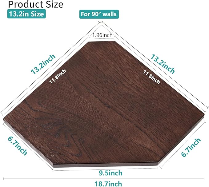 Corner Wall Shelves, Corner Floating Shelves Set of 2 Solid Oak Wood Display Shelf with Wire Hole Small Plant for Kitchen Living Room Dark Walnut 13.5inch