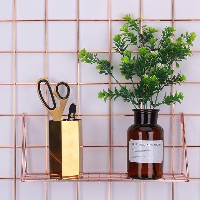 Straight Flat Display Shelf for Wall Grid Panel, Wire Hanging Organizer Rack Bin Storage Mountable, 11.8" Width x 4.3" Depth, Rose Gold