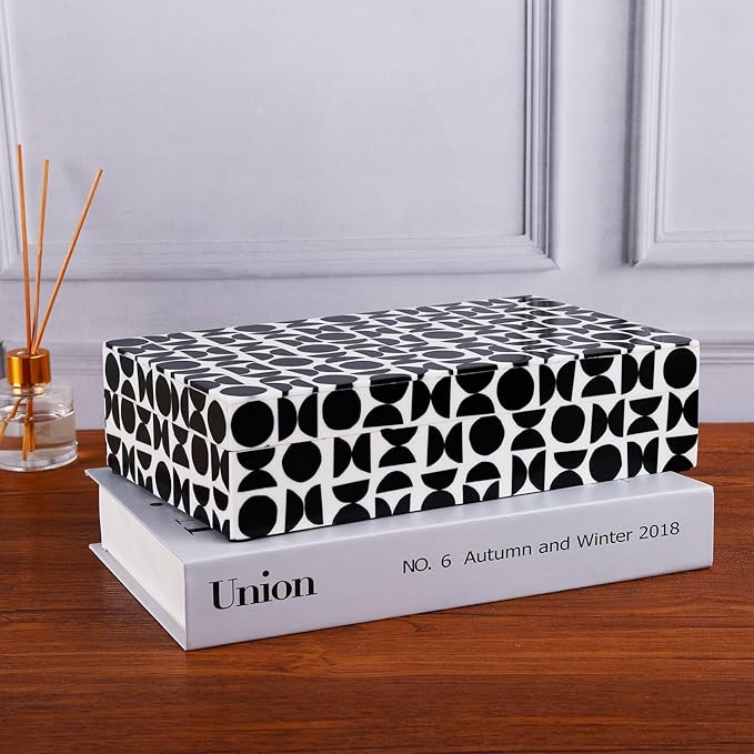 Handicrafts Home Large Decorative Storage Box with Lid – 10x6x2.5” Coffee Table Organizer, Keepsake- Decorative Boxes for Home Decor, Stylish Decorative Box for Office Decor- Geopop- Black White