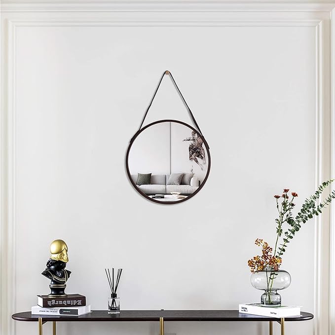 Brown Round Hanging Mirror, 11.8 Inch Farmhouse Mirror with Leather Hanging Rope for Bathroom, Bedroom, Living Room, Entryway Home Decor. (Brown, S-11.8in)