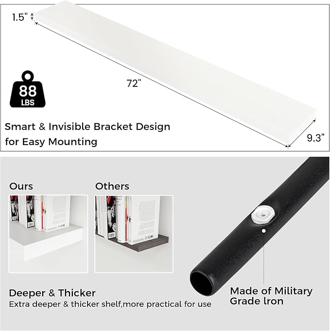 Venusmiles Floating Shelves for Wall, Engineered Wood Wall Shelves with Invisible Brackets for Living Room Bedroom Bathroom Office Kitchen Decor and Storage (White, 72" W x 9" D x 1.5" H) Set of 1